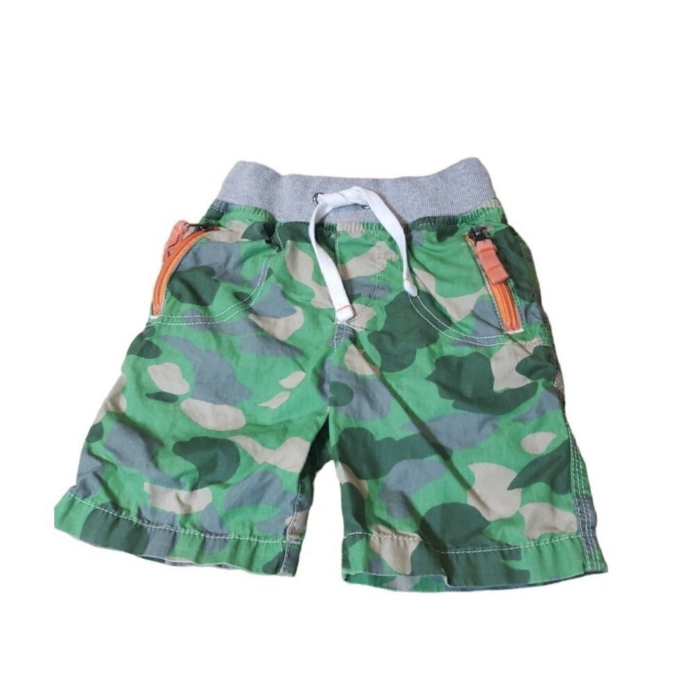 Mini Boden sz 2 green camo techno shorts orange zipper